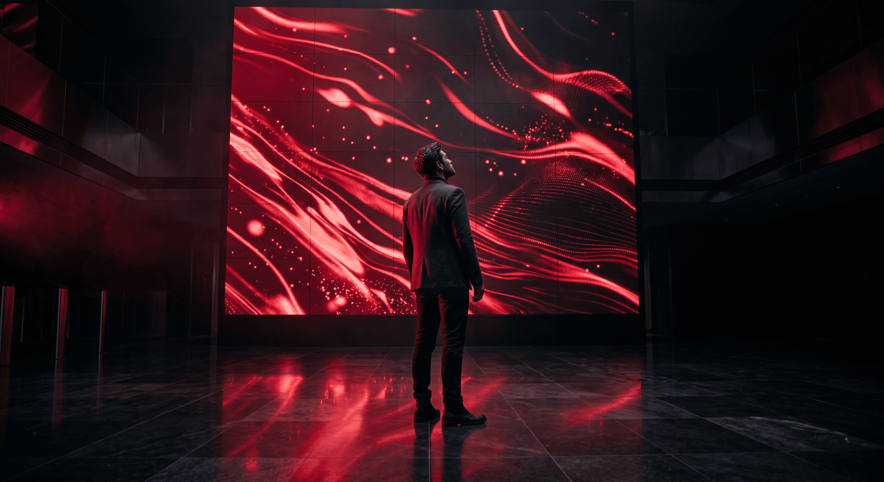 A viewer in a dark lobby looking up at a wall-scale digital signage display running red motion graphics